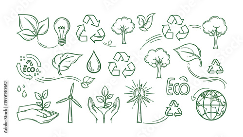Fotografía Eco-Friendly Doodle Elements: A collection of hand-drawn illustrations showcasing environmental consciousness, symbolizing nature, sustainability, and green living