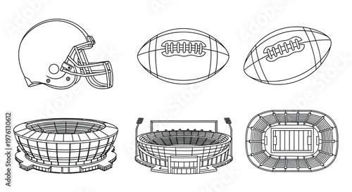 American football equipment and stadium views in black and white