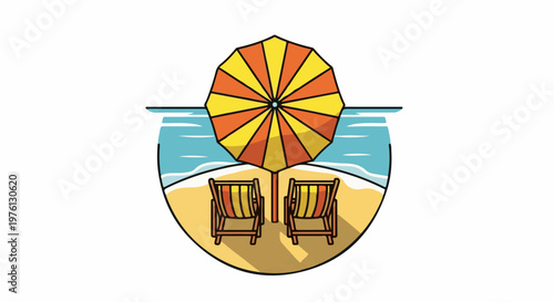 Two empty beach chairs and umbrella on sandy shore under blue ocean