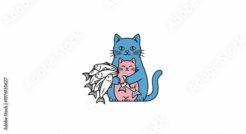 Two cute cartoon cats, one blue, one pink, hug a large bunch of fish