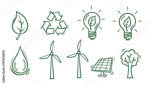 Eco-Friendly Iconography: A set of hand-drawn icons representing eco-friendliness, renewable resources, and sustainable practices, illustrating a commitment to environmental protection.