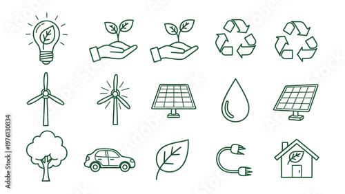 Eco-Friendly Icons Set: A collection of meticulously designed icons representing sustainable practices, environmental conservation, and ecological harmony.
