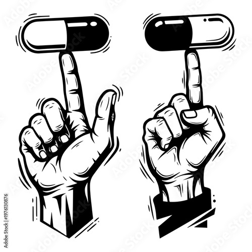Human hands balancing medicinal capsules on index fingers in bold ink style
