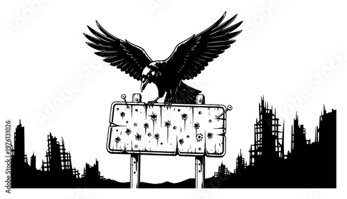 Bilde på lerret Crow perched on bullet ridden wooden sign with ruined city skyline in post apoca