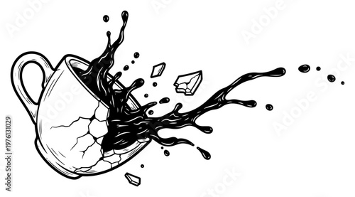 Cracked coffee cup with dark liquid splashing out in dynamic high contrast style