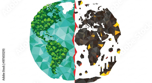 Split earth globe healthy green left side and polluted right side with yellow and black debris