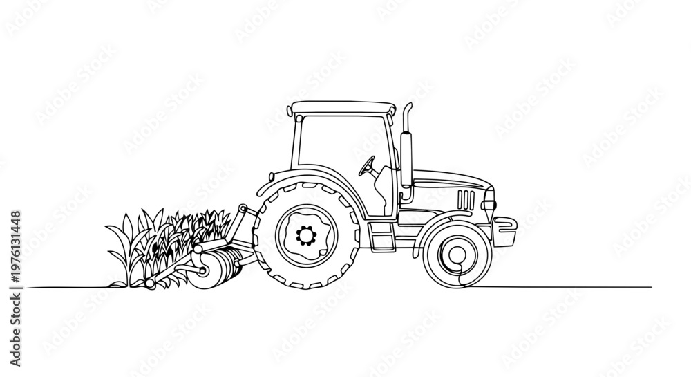 Obraz premium Farm tractor in field one line drawing. Minimalist agriculture machinery illustration. Continuous line art of tractor cultivating crops