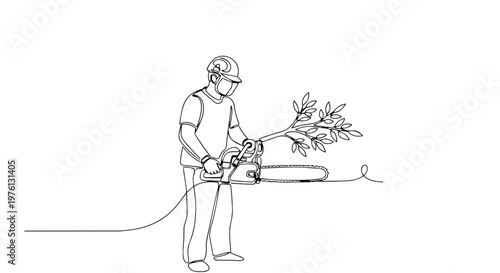 One line drawing of a worker using a chainsaw. Continuous line art vector illustration of arborist cutting a tree. Professional garden maintenance and forestry concept