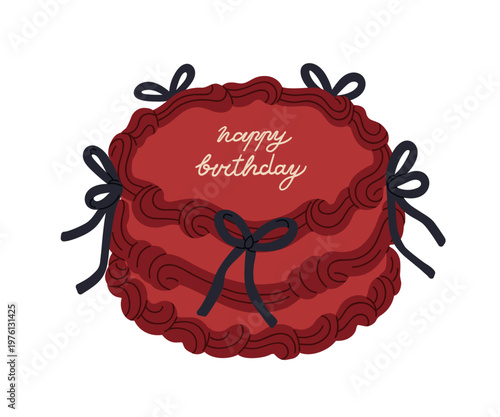 Happy birthday cake with red cream and ribbon bow decorations. Modern retro d...