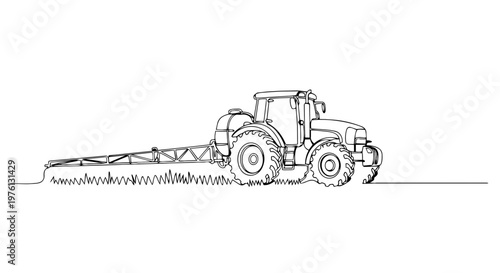 Tractor with large boom sprayer attachment. One line drawing of modern farming technology. Minimalist vector illustration of agriculture