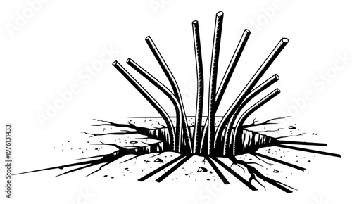 Steel reinforcement bars emerging from cracked ground in high contrast industrial style