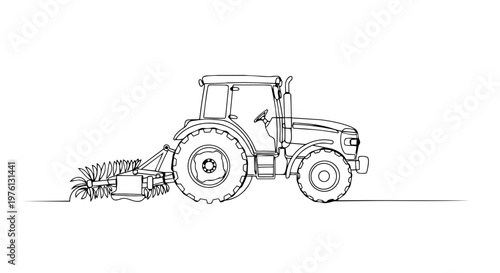 Agricultural tractor with mower attachment. One line drawing vector illustration. Continuous line art of farm machinery for grass cutting and maintenance