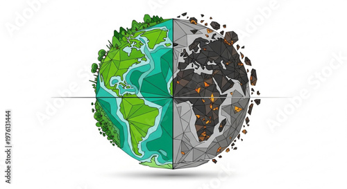 Split earth globe showing environmental contrast nature vs pollution