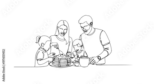 Family eating pancakes together at the table. One line drawing of a happy family meal. Minimalist vector illustration of breakfast