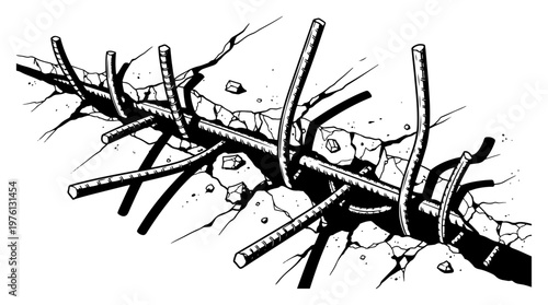Concrete structure with reinforcement bars and deep cracks in high contrast industrial style