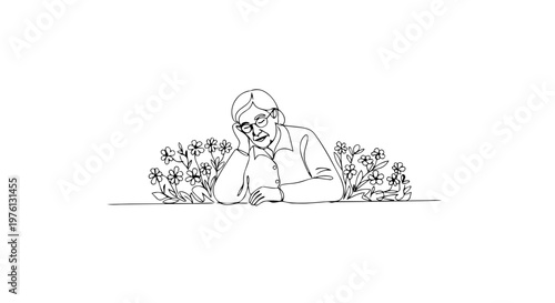 Elderly woman sitting among spring flowers. One line drawing vector illustration. Minimalist continuous line art of a senior lady in a garden