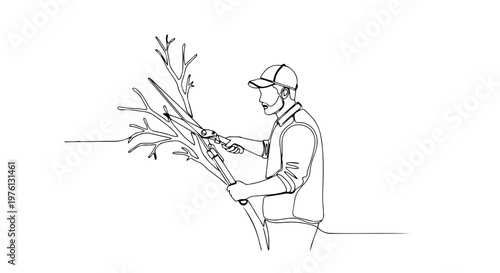 Gardener pruning tree branches one line drawing. Minimalist spring garden maintenance illustration. Continuous line art of man with shears