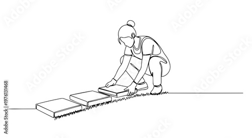 Person laying paving stones on grass. One line drawing vector illustration. Continuous line art of garden path construction. Minimalist landscaping concept