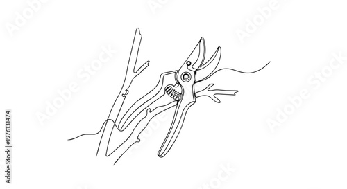One line drawing of garden pruning shears cutting a branch. Minimalist continuous line art vector illustration. Spring gardening and horticulture concept