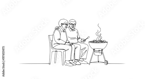 One line drawing of an elderly couple at a barbecue grill. Continuous line art vector illustration of seniors cooking outdoors. Spring leisure and retirement lifestyle concept