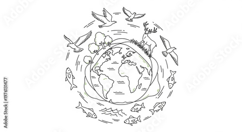 Earth surrounded by animals birds and fish in a circular motion symbolizing global harmony and biodiversity