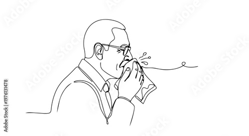 One line drawing of a man sneezing into a tissue. Continuous line art vector illustration of spring allergy or illness. Health and medical concept isolated on white background