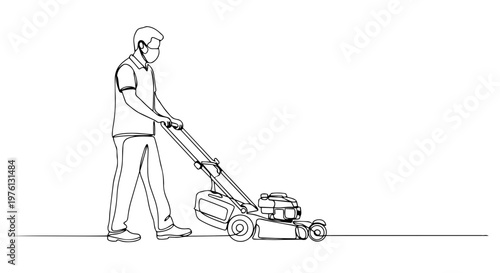 One line drawing of a man pushing a lawn mower. Continuous line art vector illustration of garden maintenance. Spring lawn care and landscaping concept