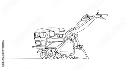 One line drawing of a walk-behind tractor tiller. Continuous line art vector illustration of agricultural machinery. Spring farming and soil cultivation concept