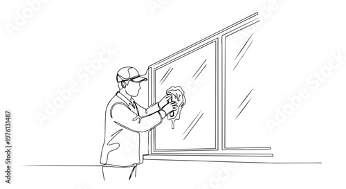 One line drawing of a man cleaning a window. Continuous line art vector illustration of professional cleaning service. Spring cleaning and maintenance concept