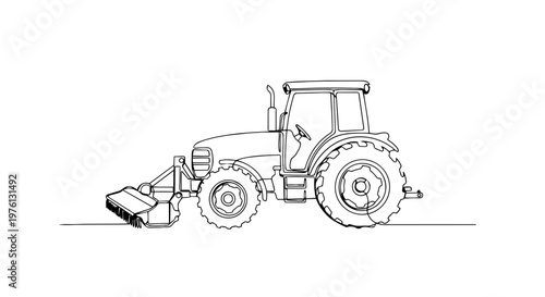 Tractor with front sweeper brush one line drawing. Continuous line art of cleaning machinery. Minimalist industrial vector illustration