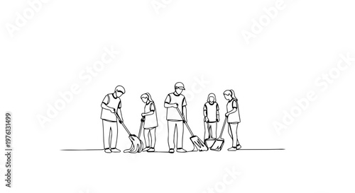 One line drawing of a group of people sweeping. Continuous line art vector illustration of community cleanup and teamwork. Spring cleaning and social service concept