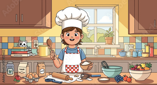 Young girl wearing chef hat kitchen.