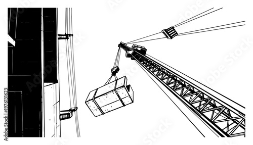 Construction crane lifting heavy material block at skyscraper building site in clean vector style
