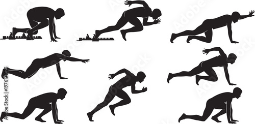 Runner Starting Poses Silhouette Set Vector Illustration Icons