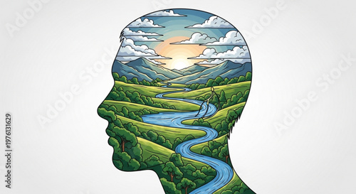 Serene landscape inside human head with river and mountains at sunset symbolizing inner peace and harmony with nature
