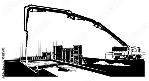 Concrete pump truck pouring liquid cement into foundation at construction site in minimalist graphic style