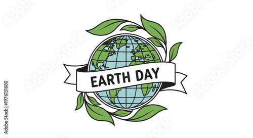 Earth day illustration with globe leaves and banner on white background symbolizing environmental awareness and sustainability