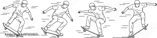 Skateboarder Action Poses Set Line Art Illustration Vector Design