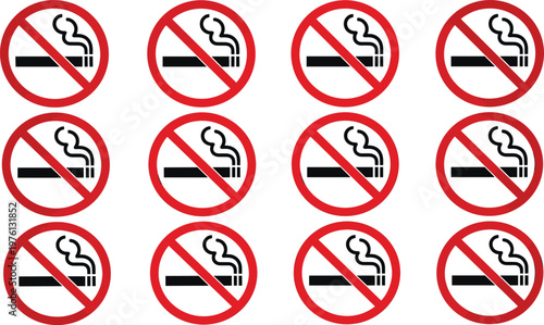 No Smoking Sign Icon Set with Prohibited Cigarette Symbols for Health Awareness, Public Areas, Warning Labels and Safety Regulations