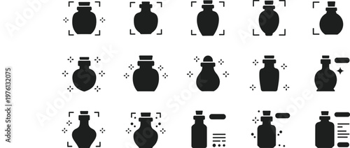 Potion bottle icon set with interface elements and selection frames, fantasy UI symbols in black vector illustration collection