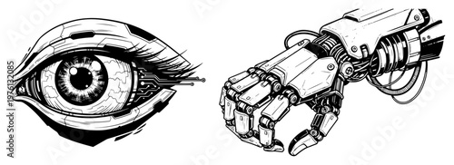 Cybernetic robotic eye and mechanical arm in detailed sci fi graphic style