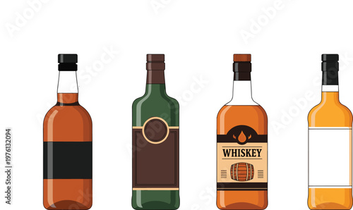 Whiskey bottle collection with different label designs and glass shapes, alcohol beverage illustrations in modern vector style set