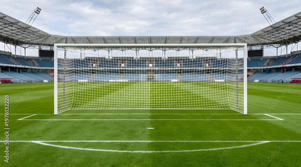 Fototapeta premium Professional Soccer Goal Front View on Green Grass Pitch in Large Empty Stadium