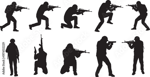 Soldier Silhouettes Set Military Poses Vector Illustration Collection