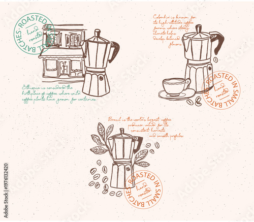 Hand drawn coffee illustration set with moka pot, cup, beans and plants. Vintage style line art for cafe design, packaging, menu and branding.
