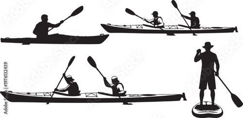 Water Sports Kayaking and Paddleboarding Silhouettes Set Vector Illustration