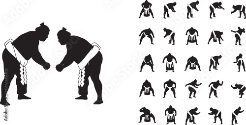 Traditional Japanese Sumo Wrestler Silhouette Poses Vector Illustration Set