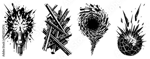 Konstfotografi Abstract graphic elements featuring spark plug explosion and geometric structure