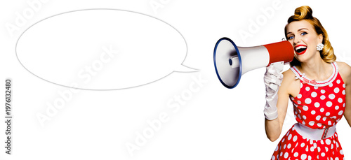 Image - expressive happy pin up woman shout say in mega phone megaphone. Cute pinup girl advertise with loudspeaker bullhorn. Isolated against white background. Empty mockup speech bubble speechbubble