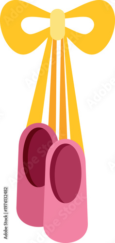 Pink ballet pointe shoes hanging from a yellow ribbon bow against a white background